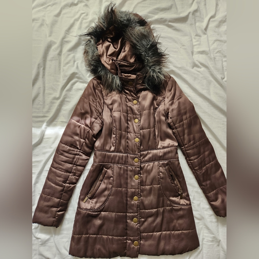 Women's Brown Hooded Jacket with Faux Fur Trim - Brand Bebe